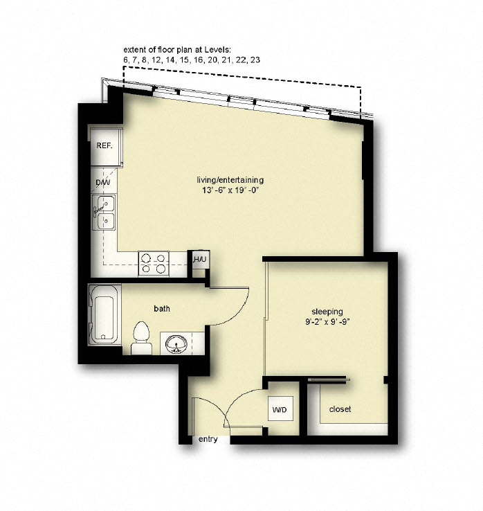 Floor plan for 1 bed, 1 bath, 589 sqft